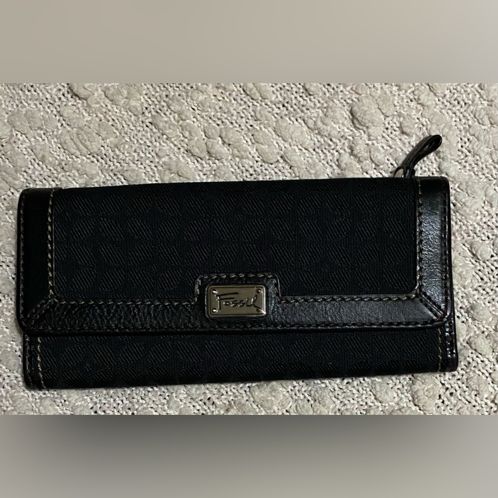 Fossil Black Trifold Wallet Women ID Card Canvas & Leather